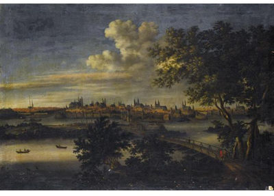 A PANORAMIC VIEW OF MAGDEBURG SEEN FROM ACROSS THE RIVER ELBE, WITH FIGURES CROSSING A BRIDGE IN THE FOREGROUND