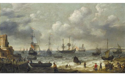 A COASTAL SCENE WITH NUMEROUS FIGURES ON THE SHORE, A DUTCH MAN O'WAR FIRING ITS CANNON BEYOND by Abraham Willaerts - Auction record, sale price, and art valuation. Compare with similar artists and explore comparable artworks.