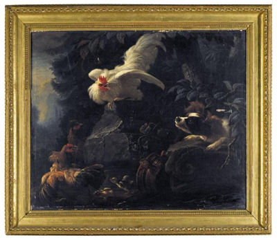 LANDSCAPE WITH A SPANIEL STARTLING CHICKENS AND THEIR CHICKS by Abraham Bisschop - Auction record, sale price, and art valuation. Compare with similar artists and explore comparable artworks.