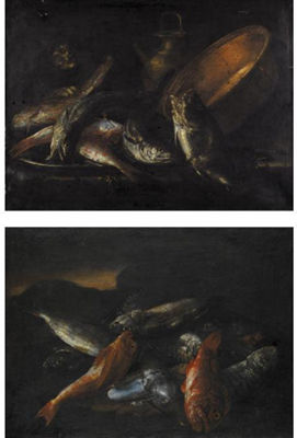 STILL LIFE OF SALT WATER FISH WITH KITCHEN VESSELS, GUARDED BY A CAT; AND STILL LIFE OF SALT WATER FISH AND SQUID IN A LANDSCAPE (2)