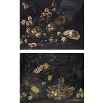 STILL LIFE OF MELONS, PLUMS, PEACHES AND FIGS WITH PINK ROSES AND BLUE CONVOLVULOUS AND STILL LIFE OF MELONS, FIGS AND CHERRIES AND OTHER FRUIT, FIGURES ON HORSEBACK TO THE RIGHT