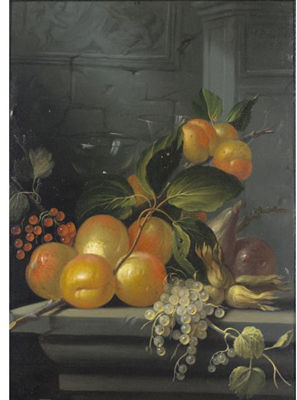 STILL LIFE WITH PEACHES, REDCURRANTS, WHITECURRANTS, HAZELNUTS AND TWO WINE GLASSES, ALL ARRANGED ON A STONE LEDGE