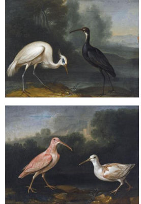 A CURLEW AND A GREENSHANK IN A LANDSCAPE;AN EGRET AND A BLACK STORK IN A LANDSCAPE (2)