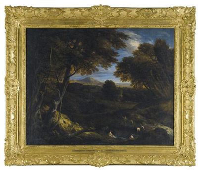 EXTENSIVE CLASSICAL LANDSCAPE WITH FIGURES BATHING IN THE FOREGROUND