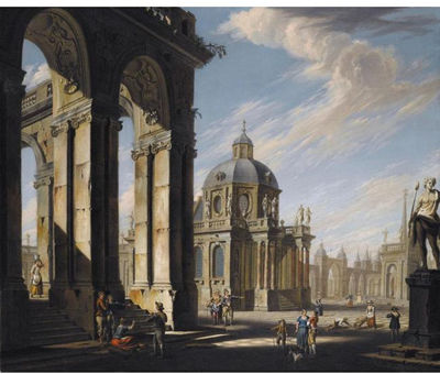 AN ARCHITECTURAL CAPRICCIO WITH FIGURES CONVERSING ON THE PIAZZA