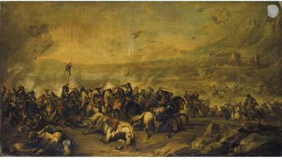 A CAVALRY ENGAGEMENT WITH A DISTANT TOWN BEYOND