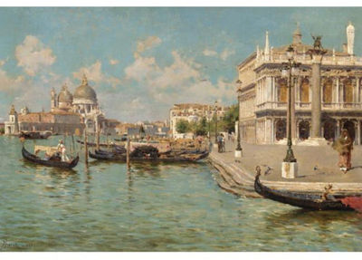 GONDOLIERS BY ST MARK'S SQUARE WITH SANTA MARIA DELLA SALUTE BEYOND by Augusto Lovatti - Auction record, sale price, and art valuation. Compare with similar artists and explore comparable artworks.