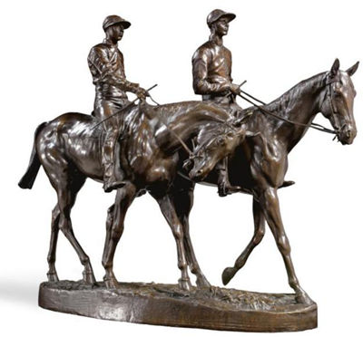 CHEVAUX DE COURSE ET JOCKEYS (A PAIR OF MOUNTED JOCKEYS)