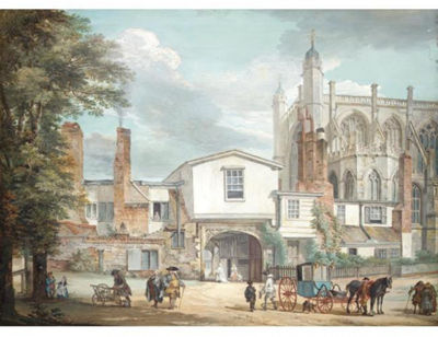 THE ENTRANCE TO THE HORSESHOE CLOISTER WITH THE WEST END OF ST. GEORGE'S CHAPEL, WINDSOR by Paul Sandby - Auction record, sale price, and art valuation. Compare with similar artists and explore comparable artworks.