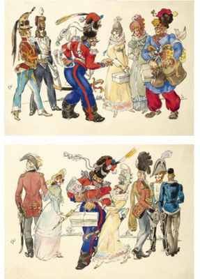 TWO DESIGNS FROM THE 1926 PRODUCTION OF PLATOV'S COSSACKS IN PARIS by Mstislav Dobuzhinski - Auction record, sale price, and art valuation. Compare with similar artists and explore comparable artworks.
