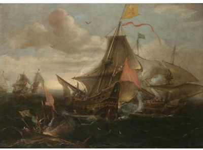 A naval engagement between Spanish men-o'-war and Turkish galleys in heavy seas