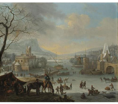 An extensive winter landscape with skaters on a frozen river and peasants warming themselves near a fire in the foreground by Robert Griffier - Auction record, sale price, and art valuation. Compare with similar artists and explore comparable artworks.