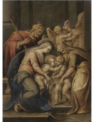 The holy family with Saints Elizabeth and the infant Saint John the Baptist, two angels behind