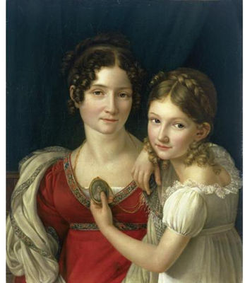 Portrait of a mother with her daughter holding up a portrait miniature in her left hand