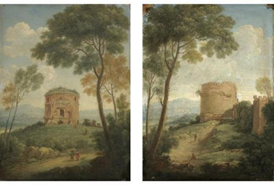 A view of the Tor de Schiavi in the Roman Campagna with figures on a path in the foreground, a view of the tomb of Cecelia Metella in the Roman Campagna, with a shepherd resting ini the foreground