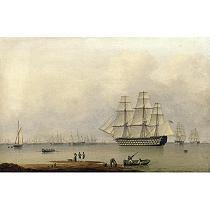 H.M.S. QUEEN SAILING OUT OF PORTSMOUTH HARBOUR, ELEGANT FIGURES IN THE FOREGROUND