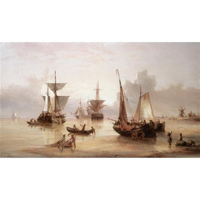Fishing boats off the shore in a calm