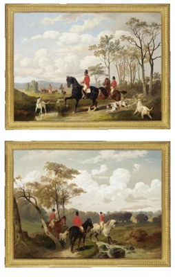 Huntsmen Following a Scent with Hounds; Huntsmen Crossing a Stream (Pair)