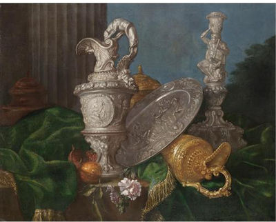 A STILL LIFE WITH ELABORATE SILVER AND GOLD JUGS, A SILVER PLATTER REPRESENTING THE JUDGEMENT OF PARIS, A CANDLESTICK WITH HERCULES AND VARIOUS FRUIT ALL ARRANGED ON A PARTLY DRAPED TABLE
