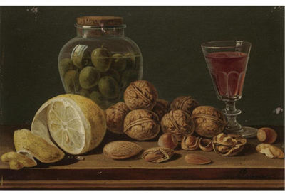 STILL LIFE WITH WALNUTS, OLIVES IN A GLASS JAR, A PARTLY PEELED LEMON AND A GLASS OF RED WINE