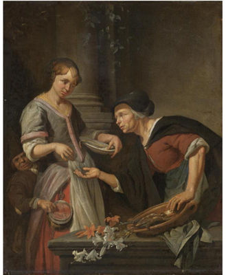 A MARKET SCENE WITH A YOUNG LADY PAYING FOR SOME FISH, A BOY PICKING HER PURSE BEHIND by Jacob Toorenvliet - Auction record, sale price, and art valuation. Compare with similar artists and explore comparable artworks.