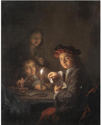 A CANDLELIT INTERIOR WITH BOYS PLAYING CARDS