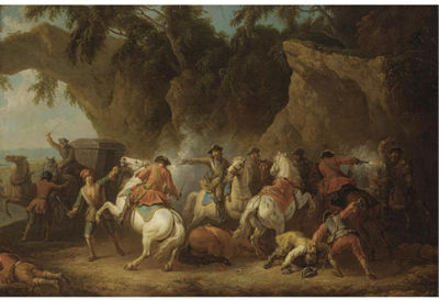 A MILITARY CONVOY BEING AMBUSHED BY BANDITS by Pieter (Standaard) van Bloemen - Auction record, sale price, and art valuation. Compare with similar artists and explore comparable artworks.