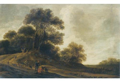 A DUNE LANDSCAPE WITH TRAVELLERS RESTING BESIDE A ROAD, A SHEPHERD DRIVING HIS FLOCK TOWARDS A WOOD BEYOND
