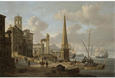 A CAPRICCIO OF A MEDITERRANEAN HARBOUR WITH ROMAN RUINS AND MEN UNLOADING CARGO IN THE FOREGROUND