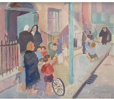 DUBLIN STREET SCENE WITH GOSSIPING SHAWLIES AND CHILDREN PLAYING