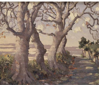 A TREE-LINED ROAD ON AN AUTUMN EVENING