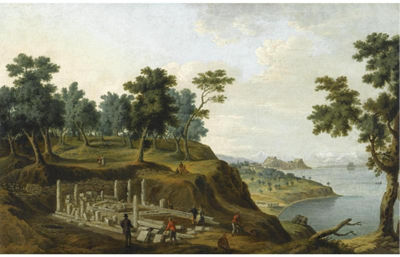 FIGURES AMONG THE RUINS OF THE TEMPLE OF ARTEMIS WITH THE CITADEL IN THE DISTANCE, CORFU