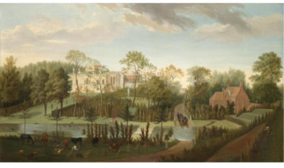 A view of Chiswick House from the south-west seen across the cascade and canal