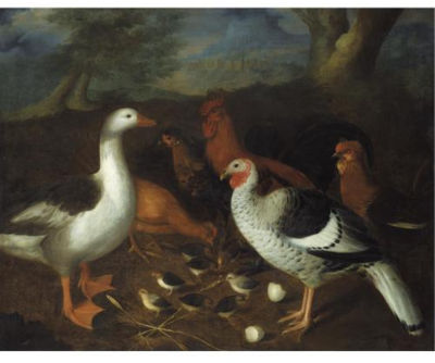 Bantams, a goose, a turkey and chicks in a landscape by Louis Leonard Hubner - Auction record, sale price, and art valuation. Compare with similar artists and explore comparable artworks.