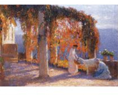 PERGOLA À L'AUTOMNE AVEC DEUX FEMMES DONNANT À MANGER À UNE CHÈVRE BLANCHE