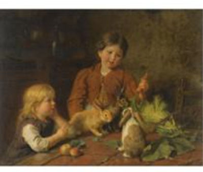 FÜTTERUNG DER KANINCHEN (CHILDREN FEEDING RABBITS)