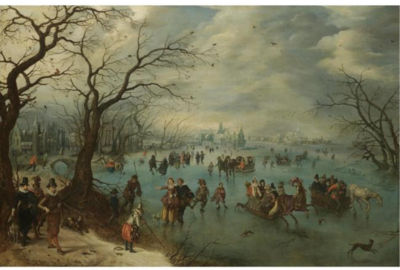 A WINTER LANDSCAPE WITH FIGURES SKATING ON A FROZEN RIVER, PRINCE MAURITS OF ORANGE-NASSAU WITH A HUNTING PARTY IN THE FOREGROUND
