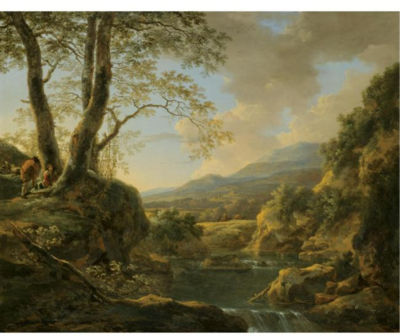 AN EXTENSIVE RIVER LANDSCAPE WITH HERDSMEN RESTING THEIR GOATS UNDER A TREE