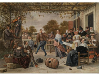 A TERRACE WITH A COUPLE DANCING TO A PIPE AND FIDDLE, PEASANTS EATING AND MERRYMAKING BEHIND