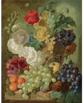 A STILL LIFE WITH HOLLYHOCKS, POPPIES, AN ANEMONE, OTHER FLOWERS AND WHITE-CURRANTS IN A TERRACOTTA VASE, WITH APRICOTS, WHITE AND BLACK GRAPES, POMEGRANATES AND A PLUM, ALL ARRANGED ON A MARBLE LEDGE by Jan van Os - Auction record, sale price, and art valuation. Compare with similar artists and explore comparable artworks.