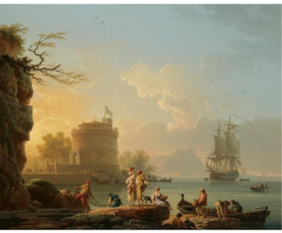 A MEDITERRANEAN HARBOUR SCENE AT SUNSET, WITH FISHERMEN UNLOADING THEIR CATCH BEFORE A ROUND FORTRESS, A MAN-OF-WAR AT ANCHOR BEYOND