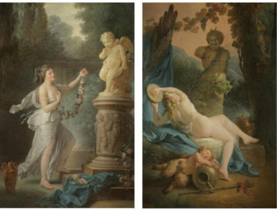 A BACCHANTE PLAYING THE TAMBOURINE BEFORE A STATUE OF PAN, A DRUNK YOUNG SATYR ASLEEP IN THE FOREGROUND; A YOUNG LADY OFFERING A GARLAND OF FLOWERS TO A STATUE OF CUPID