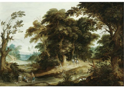 A WOODED LANDSCAPE WITH A POULTRY-SELLER, TRAVELLERS AND DOGS ON A PATH BEYOND