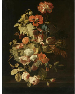 STILL LIFE WITH A BOUQUET OF FLOWERS INCLUDING A PARROT TULIP, ROSES AND AN IRIS