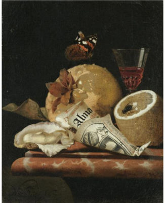 A STILL LIFE WITH A QUINCE, A LEMON, AN OYSTER, A PARTLY ROLLED-UP LEAFLET AND A WINE GLASS, ALL ARANGED ON A MARBLE LEDGE WITH A BUTTERFLY AND A FLY
