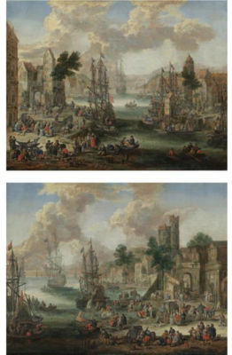 A PAIR OF HARBOUR SCENES WITH NUMEROUS FIGURES, PAIR