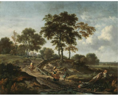A LANDSCAPE WITH PEASANTS CONVERSING ON A COUNTRYSIDE PATH