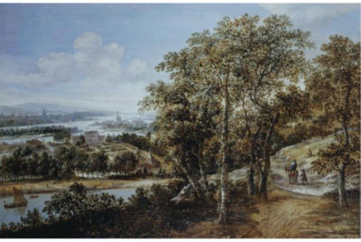 AN EXTENSIVE RIVER LANDSCAPE WITH A CAVALIER AND OTHER FIGURES ON A TRACK IN THE FOREGROUND