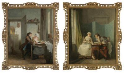 A PANTRY WITH A GENTLEMAN WRITING A LETTER WITH A MAID; AN INTERIOR WITH A GENTLEMAN VISITING A SEAMSTRESS, PAIR