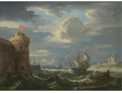 SHIPPING IN A STIFF BREEZE IN AN ESTUARY BETWEEN TWO TURKISH FORTS